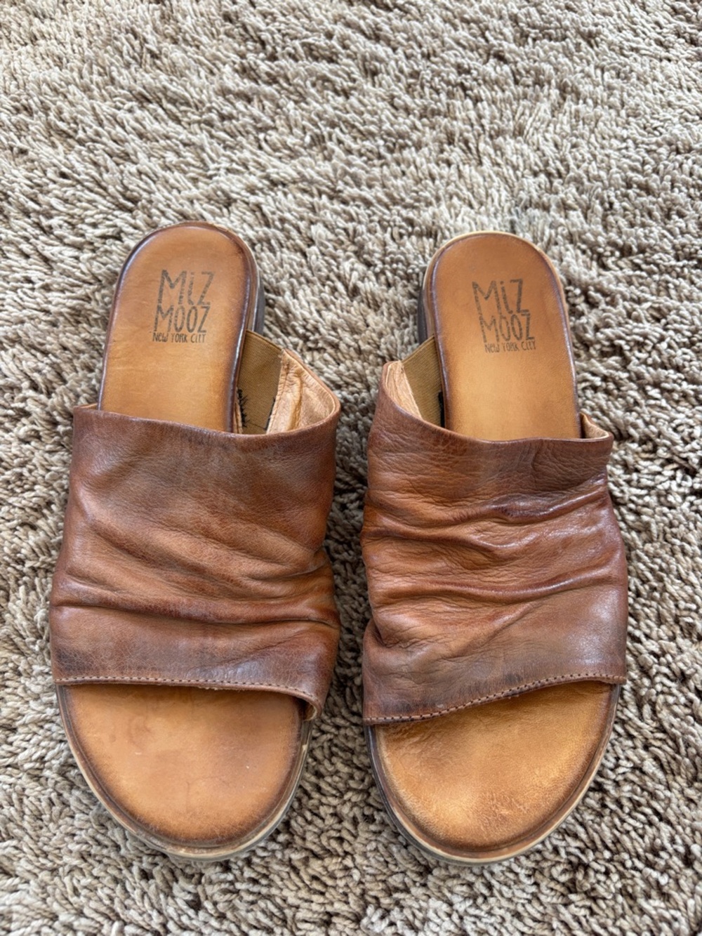 Miz Mooz Cognac Leather Ruched Slide Sandals